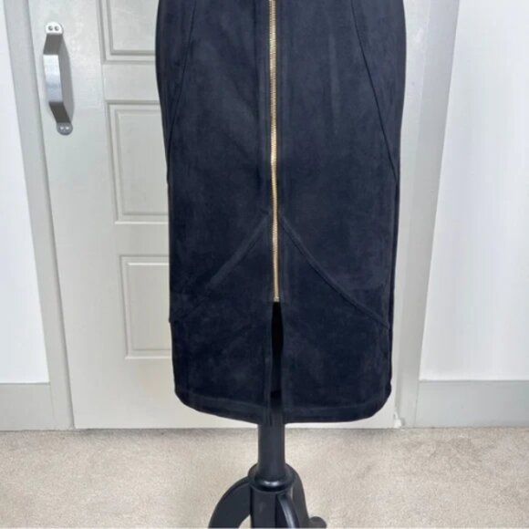 Marc New York Faux Suede Pencil Midi Skirt Gold Zip Front Detail Belted Sz XS - Picture 6 of 9